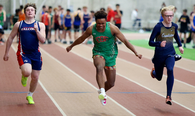 (photo by Bruce Brierley)
Fri Apr  19, 2024 - Green Wave sophomore Daj Hall leans in to hit the finish line during the 60 M dash. More photos from the meet can be found at https://theexponent.news/