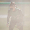 (Photo by Bruce Brierley)
April 25, 2024 - Senior High junior Ellie Marcott (6) is obscured by the dust kicked up by high winds during the double header with Warroad.