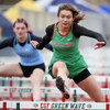 (Photo by Bruce Brierley)
May 3, 2024 - Shali Anderson clears the last line of hurdles during her first place run in the 100m Hurdles event. Anderson finished with a time of 16.55.